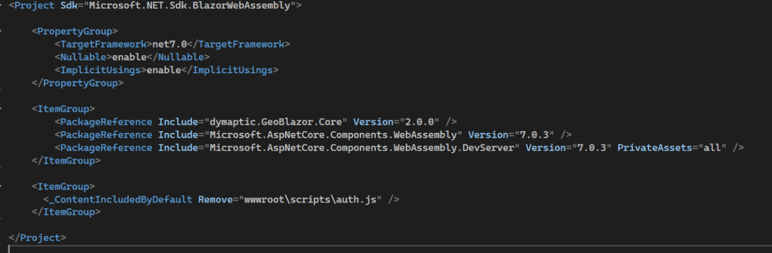 The project file showing TargetFramework set to net7.0 with GeoBlazor Core and AspNetCore Components packages