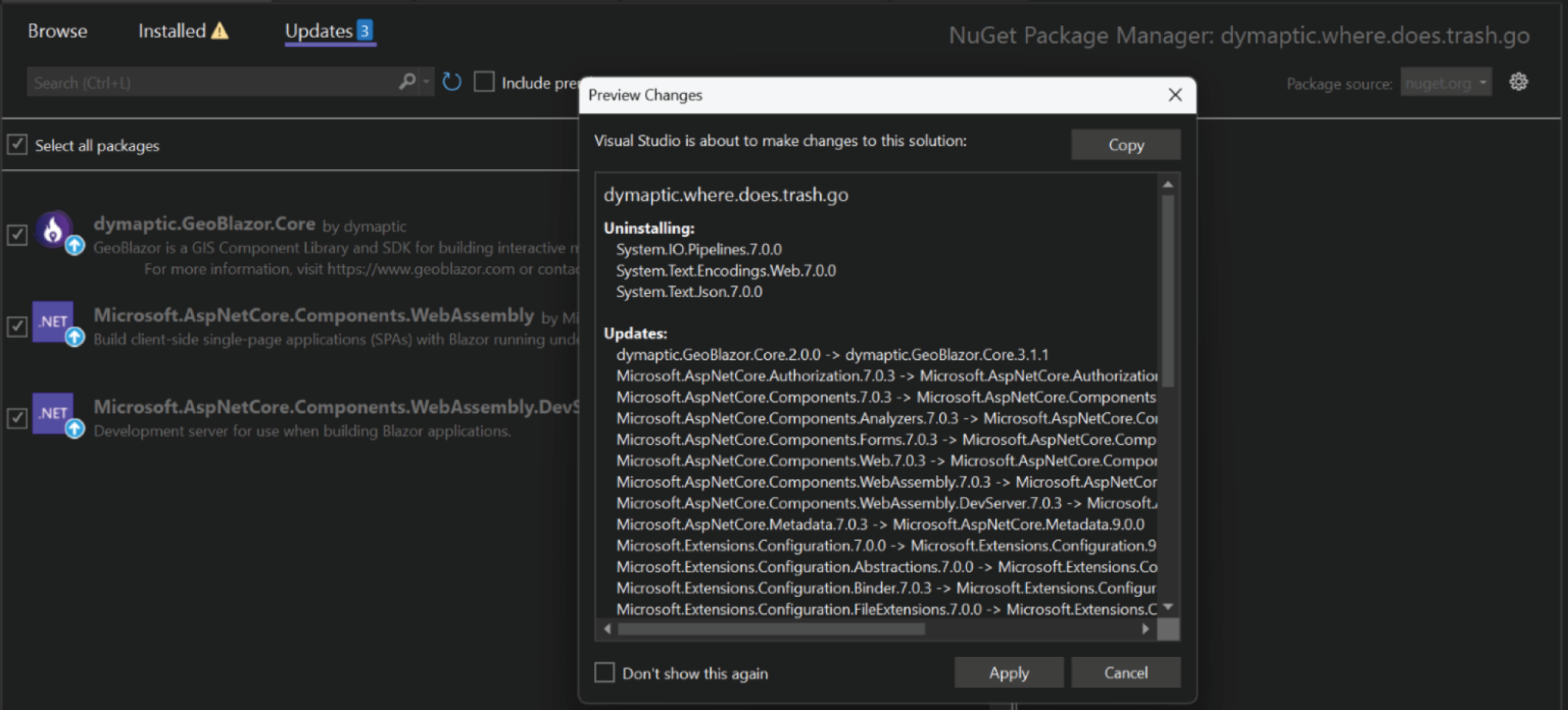 Visual Studio NuGet Package Manager showing package updates from GeoBlazor Core 2.0.0 to 3.1.1 and other Microsoft packages