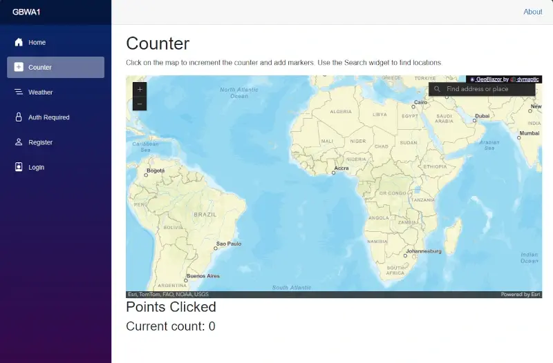 Counter page with 2D map showing ArcGIS Streets basemap and search widget in top-right corner