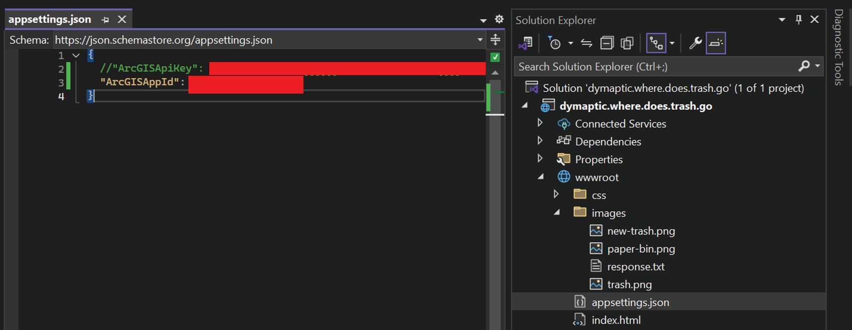 Visual Studio showing appsettings.json file with ArcGISApiKey configuration highlighted