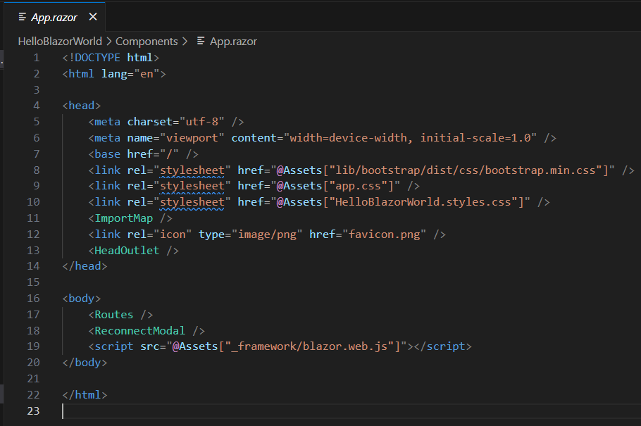 Blazor App.razor file showing root HTML structure