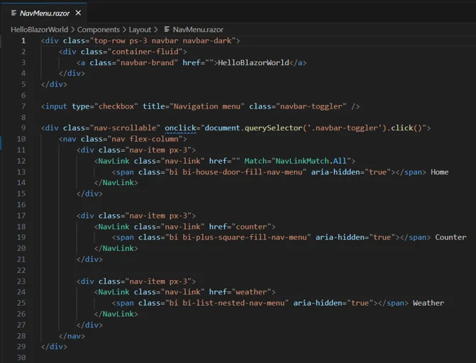 Blazor NavMenu.razor showing navigation menu component
