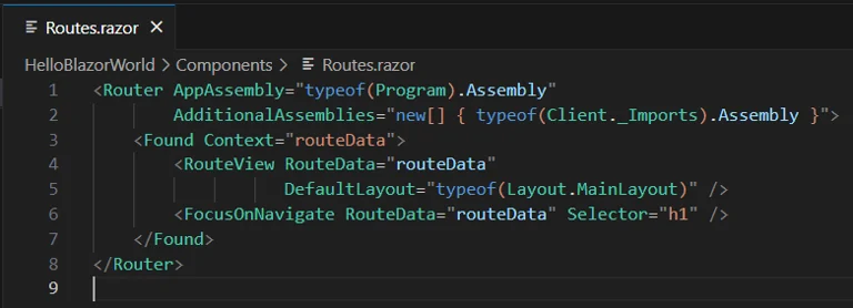Blazor Routes.razor file showing routing configuration