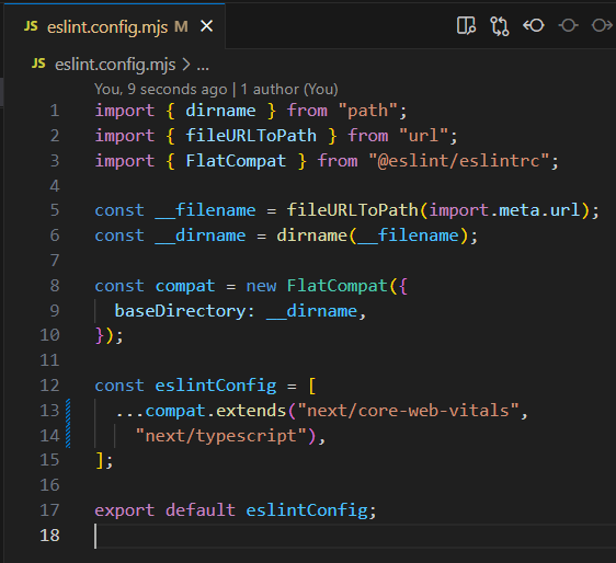 Next.js eslint.config.mjs showing ESLint extensions and configuration