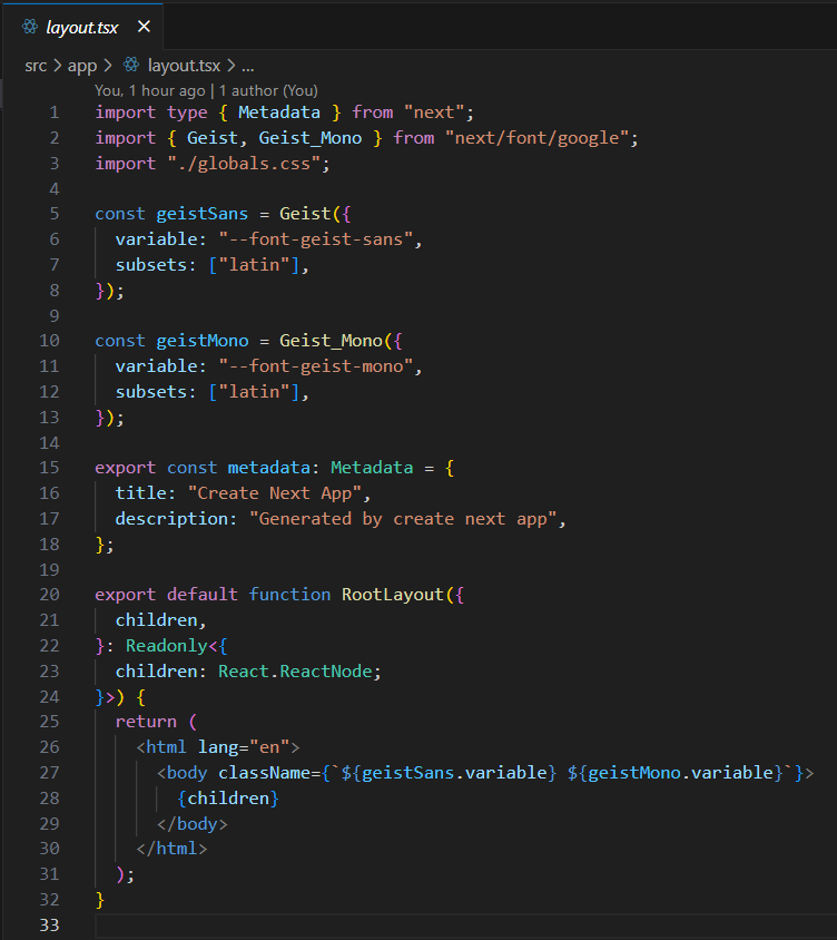 Next.js layout.tsx file showing React component with metadata and RootLayout