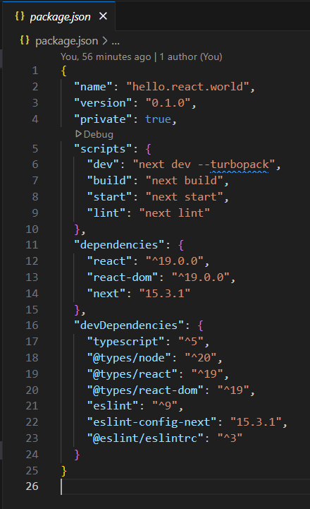 Next.js package.json showing scripts, dependencies, and devDependencies
