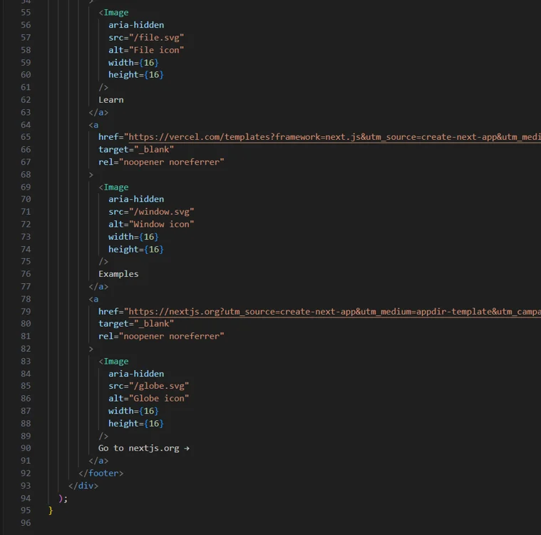 Next.js page.tsx file continuation showing more component code
