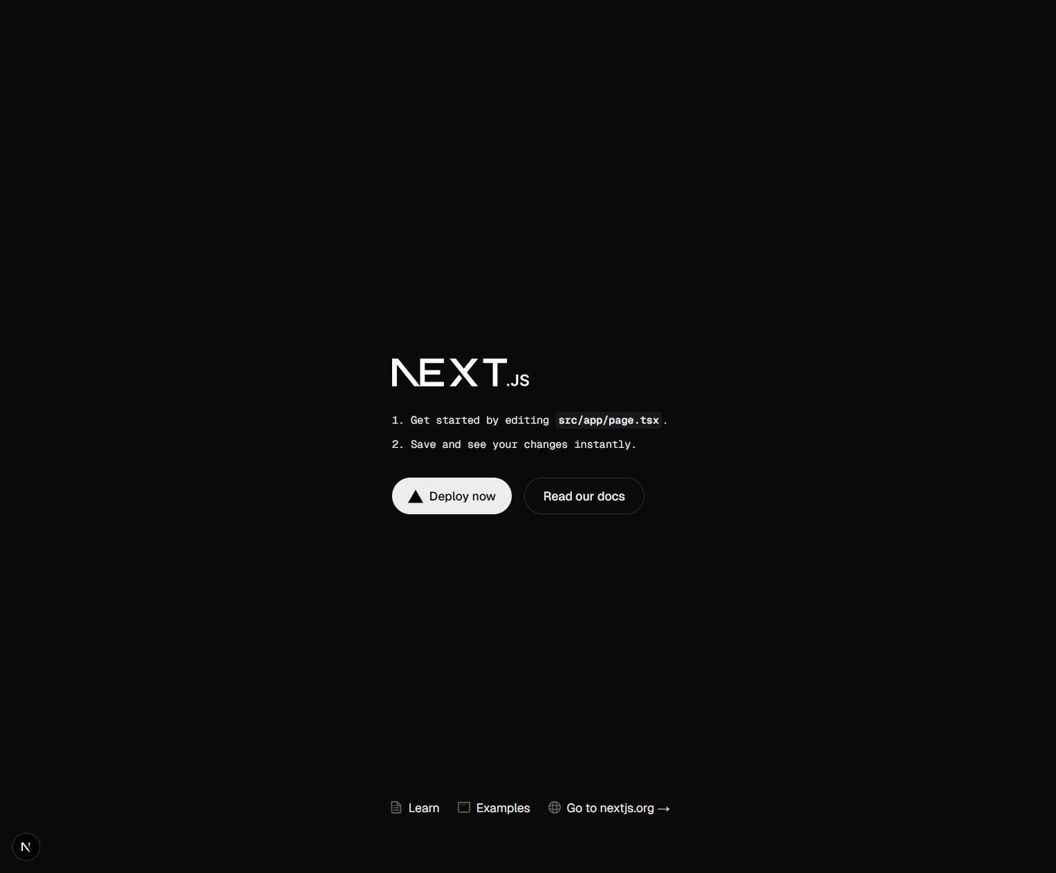 Next.js application running showing minimal starting page with Next.js logo and links