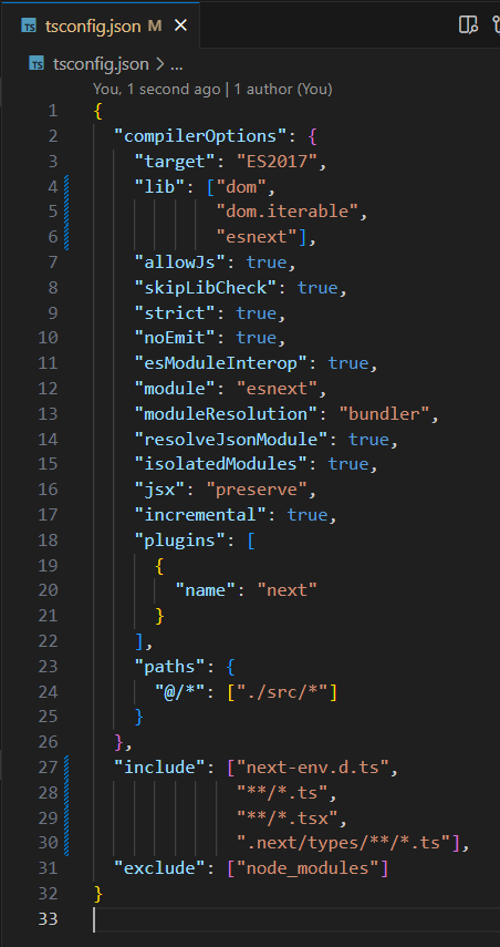 Next.js tsconfig.json showing TypeScript compiler options