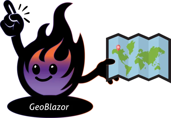 Torchy, the GeoBlazor mascot - a friendly purple flame character pointing at a world map