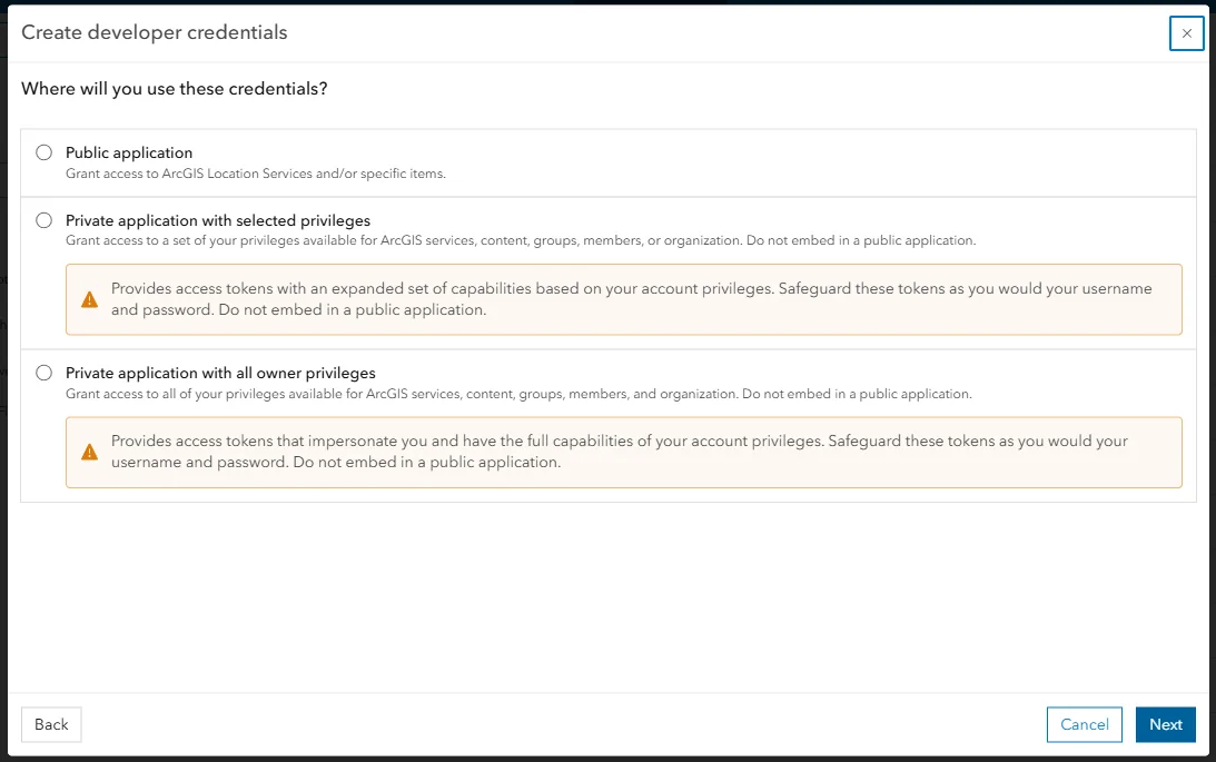 ArcGIS Online Create developer credentials dialog on the Where will you use these credentials step, with Public application selected over the two private application options