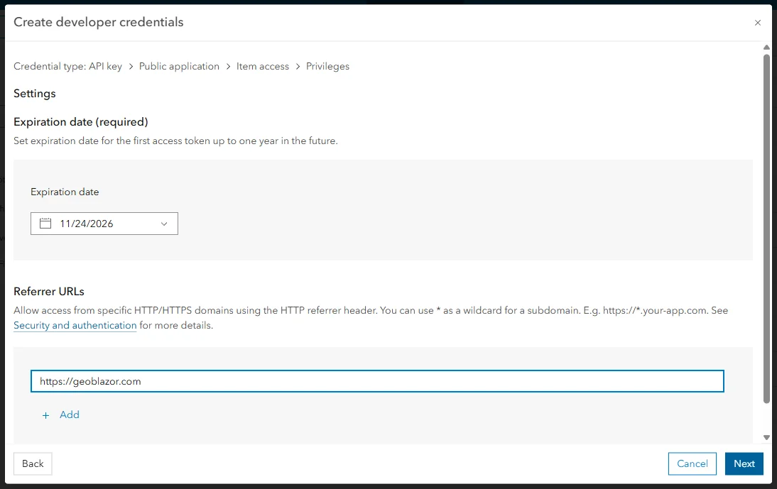 ArcGIS Online Create developer credentials dialog on the Settings step, showing an Expiration date of 11/24/2026 and a Referrer URL of https://geoblazor.com