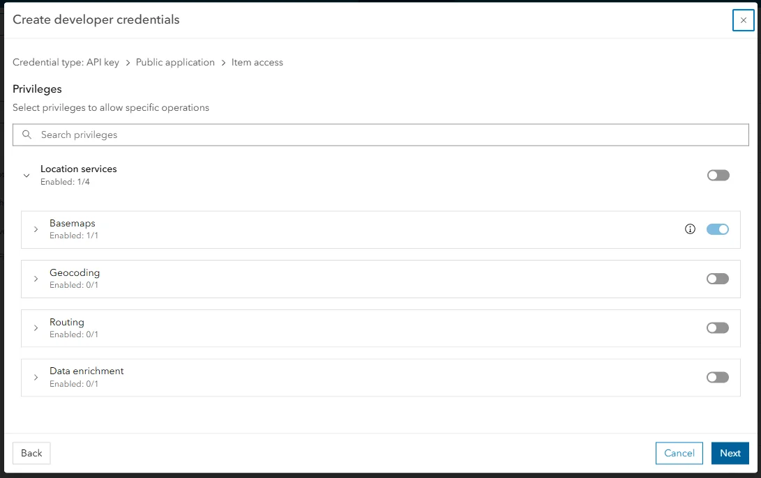 ArcGIS Online Create developer credentials dialog on the Privileges step, with Location services expanded and Basemaps toggled on while Geocoding, Routing, and Data enrichment stay off