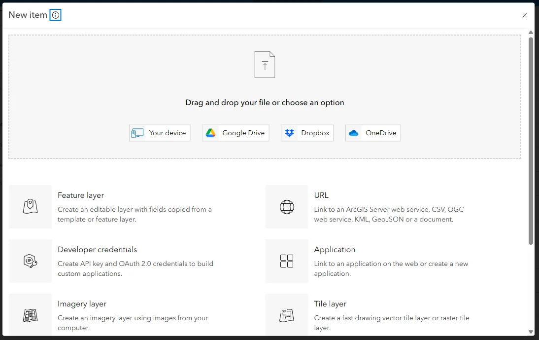 ArcGIS Online New item dialog with the Developer credentials option highlighted alongside Feature layer, URL, Application, Imagery layer, and Tile layer choices