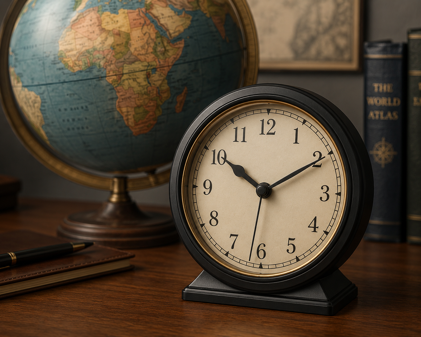 An old-fashioned study desk with an analog clock and a globe