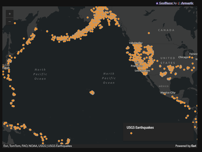 Initial GeoBlazor map view with a dark-gray basemap centered on the Pacific Ocean, showing uniformly sized orange earthquake markers across Japan, Alaska, the western United States, Mexico, and the Pacific Rim, before the SizeVariable renderer is applied.