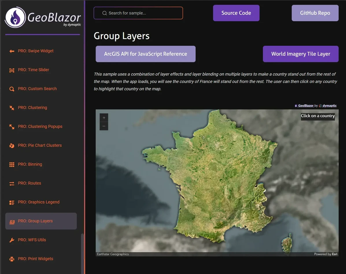 GeoBlazor Pro samples showing Group Layers with France highlighted using layer effects and blending on satellite imagery