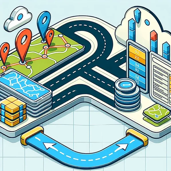 Illustration showing two-way data synchronization between client and server with map pins, databases, and data flow arrows