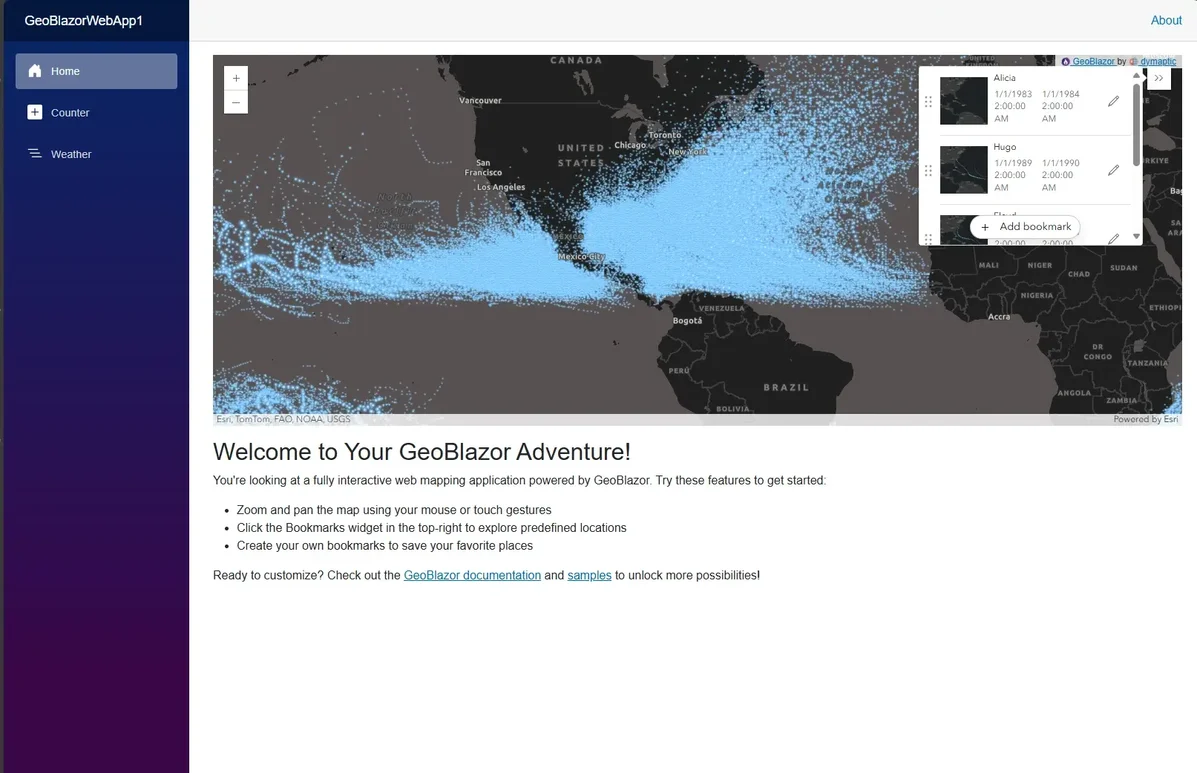 Screenshot of Blazor web application built from GeoBlazor template showing hurricane tracking map with bookmarks widget