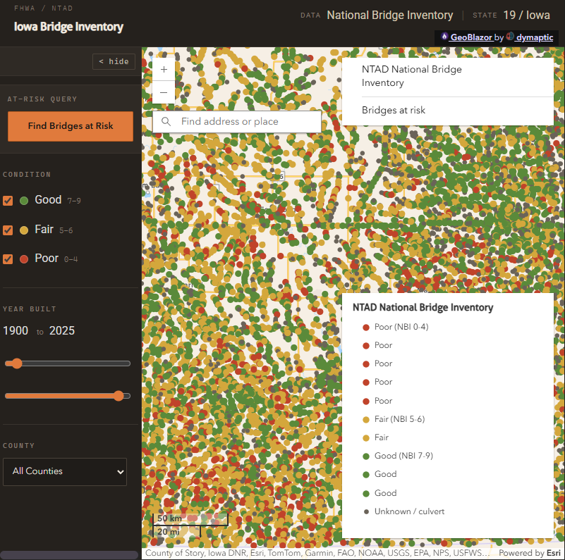 Screenshot of the finished GeoBlazor app: an interactive map of Iowa with around 24,000 bridges color-coded green, amber, and red by condition, sidebar filters for condition, year built, and county, and a 'Find Bridges at Risk' query button.