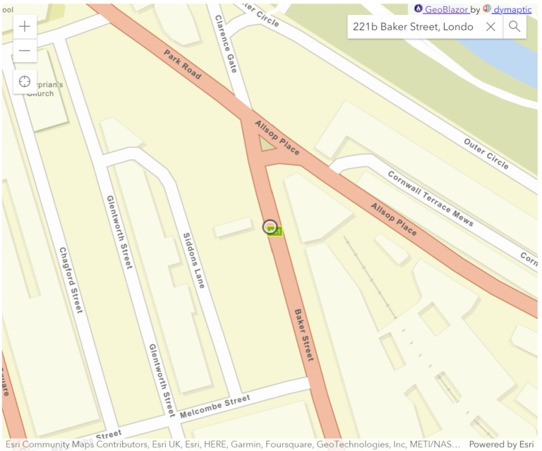 GeoBlazor map showing a location point from the search widget