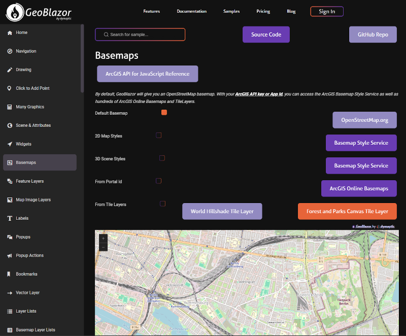 GeoBlazor samples page showing OpenStreetMap basemap