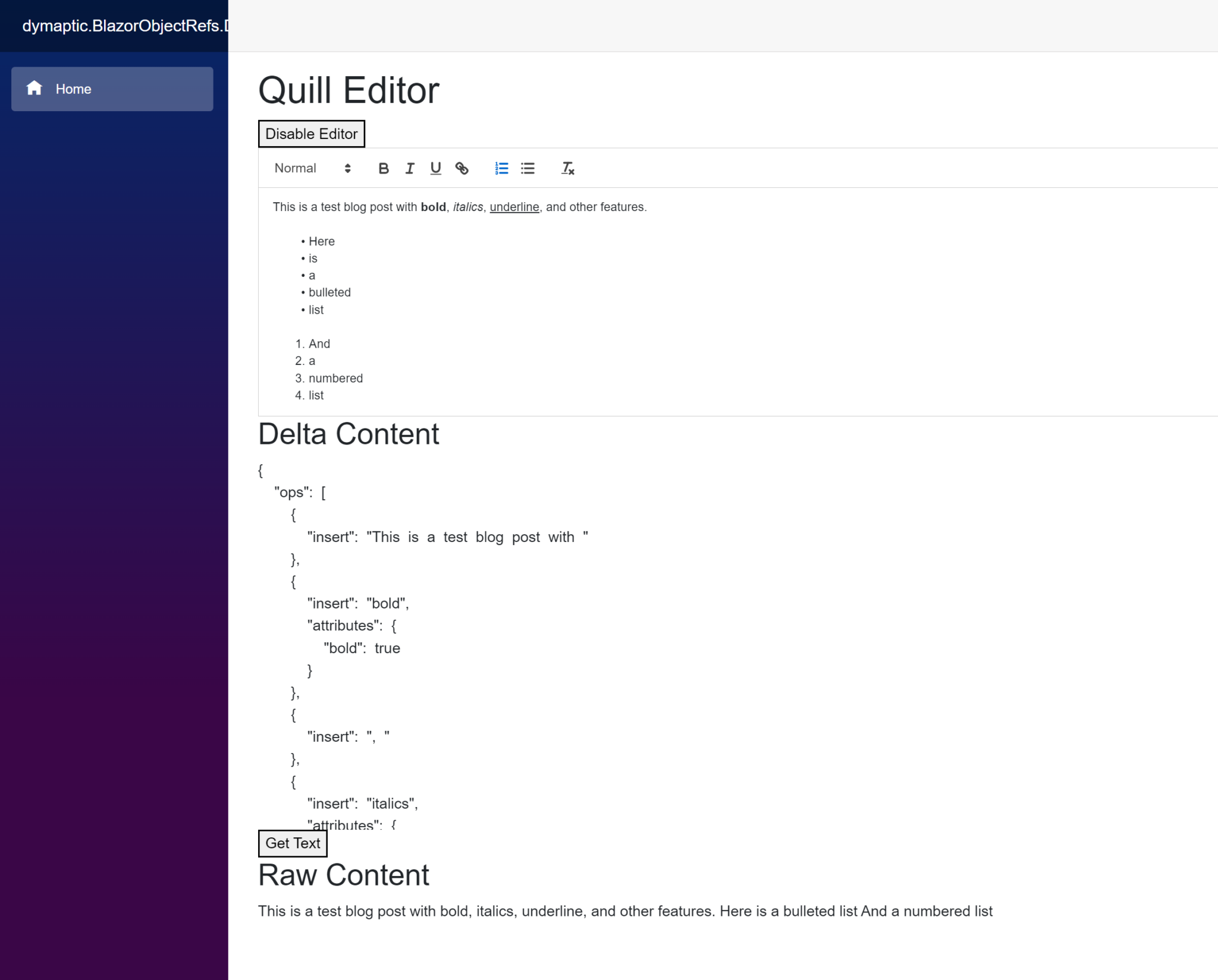 Quill text editor embedded in Blazor application showing rich text formatting options