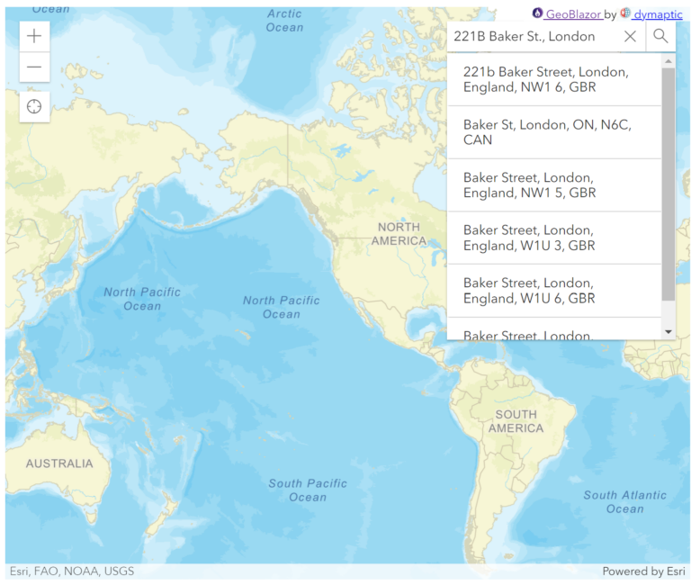 GeoBlazor world map with search widget showing location search results