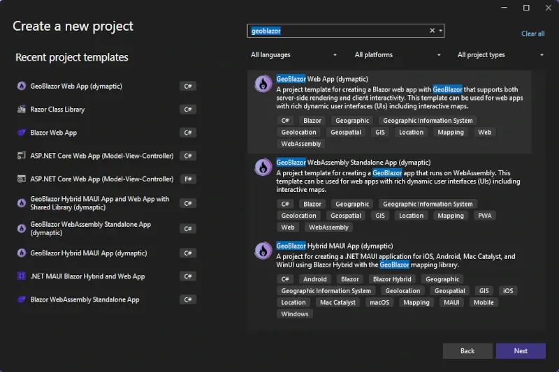 Visual Studio showing GeoBlazor template options including Web App, WebAssembly Standalone, and Hybrid MAUI templates