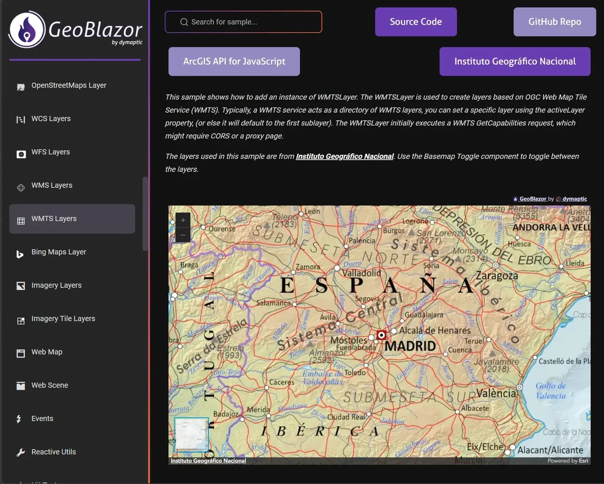 GeoBlazor samples page showing WMTS Layers implementation with topographic map of Spain centered on Madrid